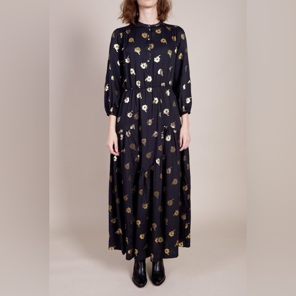 Warm NY / Ladyland black metallic gold floral long sleeve Maxi Dress 2 medium M - Picture 2 of 6